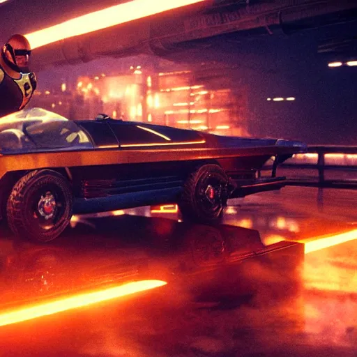 Image similar to Still of Captain Falcon and his racing machine in the movie Blade Runner, full body, cinematic lighting, 4k