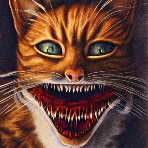 Prompt: Demonic Garfield the Cat with razor sharp teeth, he wants to eat Jon, Stephen Gammell style, Scary Stories