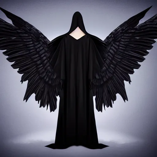 Prompt: dark cloaked angel with long black garments and beautiful black wings floating in the void of space, surrealistic, matte painting