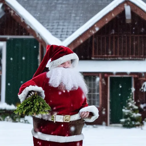 Image similar to a rabbit dressed as santa, stands outside a brown swedish cottage, snowing, in the style of jenny nystrom