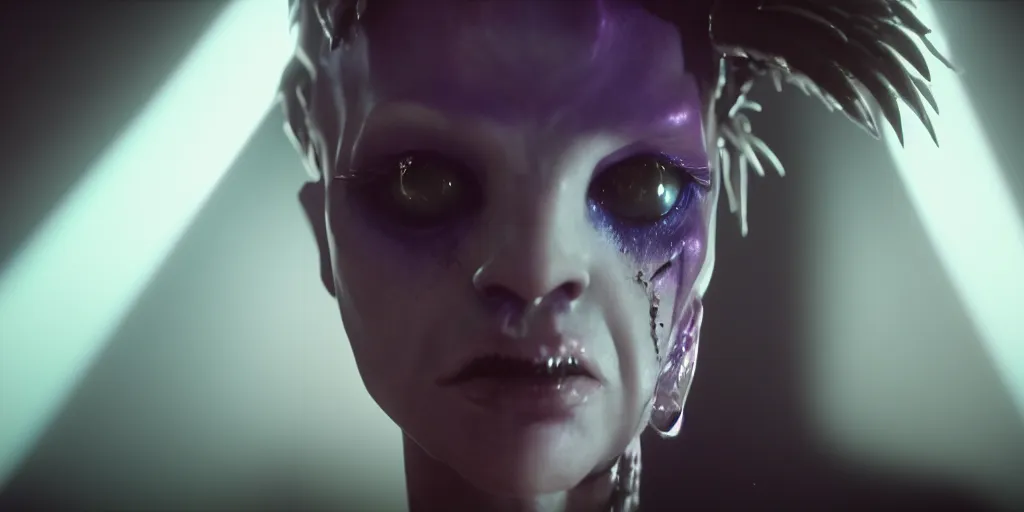 Image similar to cinematic film still of a punk alien starring in a dave meyers directed music video, cgi, vfx, chiaroscuro lighting, shallow depth of field, 8 0 mm, f 1. 8