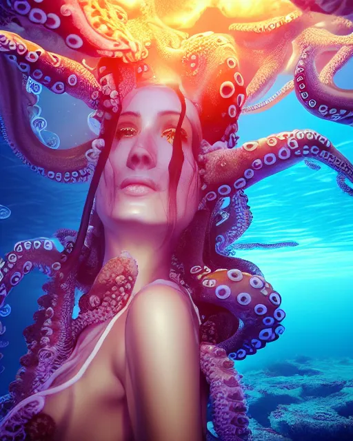 Image similar to a beautiful girl underwater wearing an octopus dress surrounded by glowing jellyfish, 8 k realistic, hyperdetailed, beautiful lighting, detailed background, depth of field, symmetrical face, frostbite 3 engine, cryengine