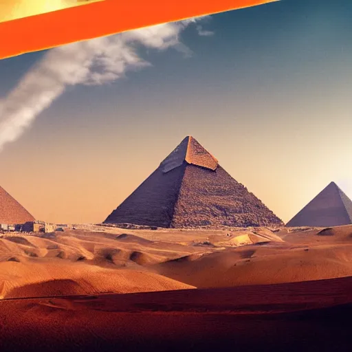 Image similar to a panorama of a futuristic pyramids of giza and sphynx, digital art, trending on artstation