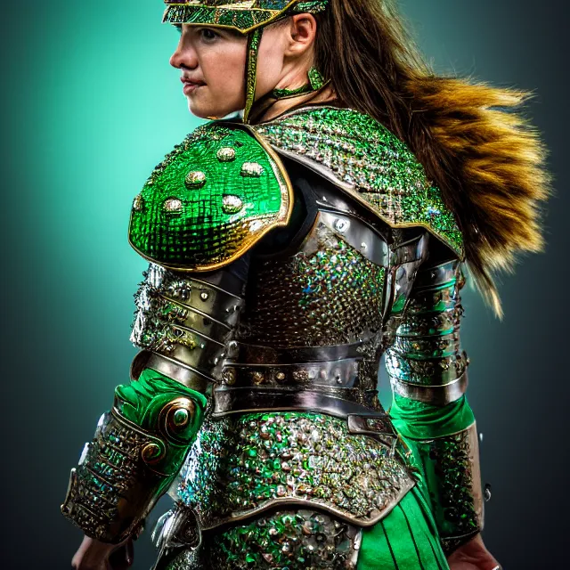 Image similar to photo of a beautiful warrior queen wearing emerald encrusted armour, highly detailed, 8 k, hdr, smooth, sharp focus, high resolution, award - winning photo