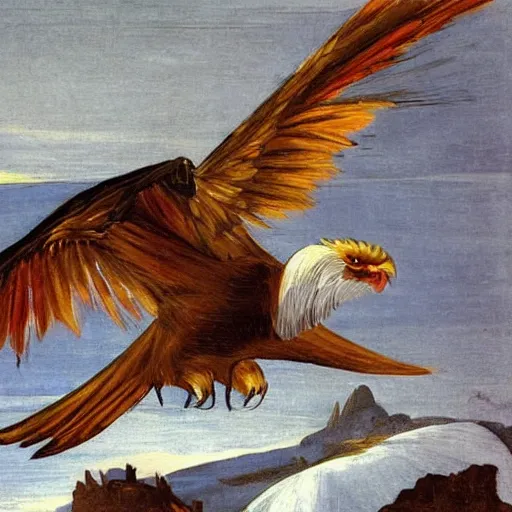 Prompt: Phoenix bird flying above a frozen lake painted by Caravaggio. High quality.