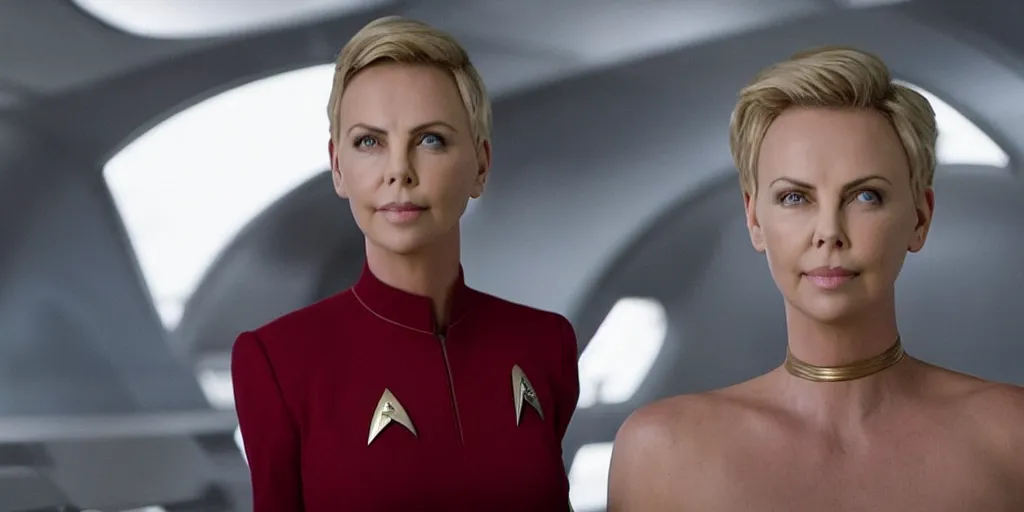 Prompt: Charlize Theron, in full starfleet uniform, is the captain of the starship Enterprise in the new Star Trek movie