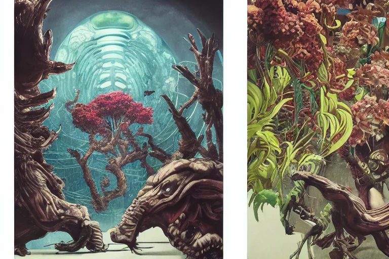 Prompt: attack on titan, indi sulta, large computer with lots of power and a big aquarium, trees, flowers by francis bacon, exotic vegetation, tristan eaton, victo ngai, triadic color scheme, edward hopper, a still from the film alien, beksinski, nicola samori, hyperrealism, intricate detailed, risograph