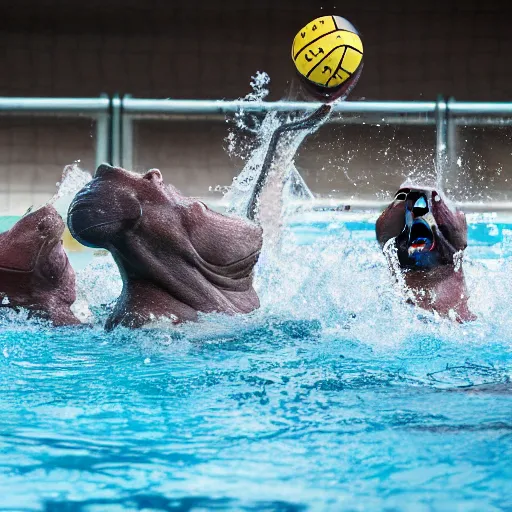 Image similar to hippopotamuses playing water polo against people. sports photograph.