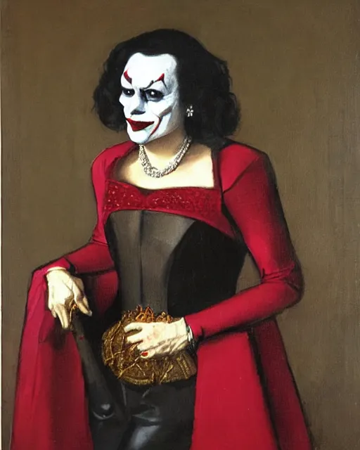 Image similar to portrait of Queen Elizabeth as the Joker, art by Carel Fabritius