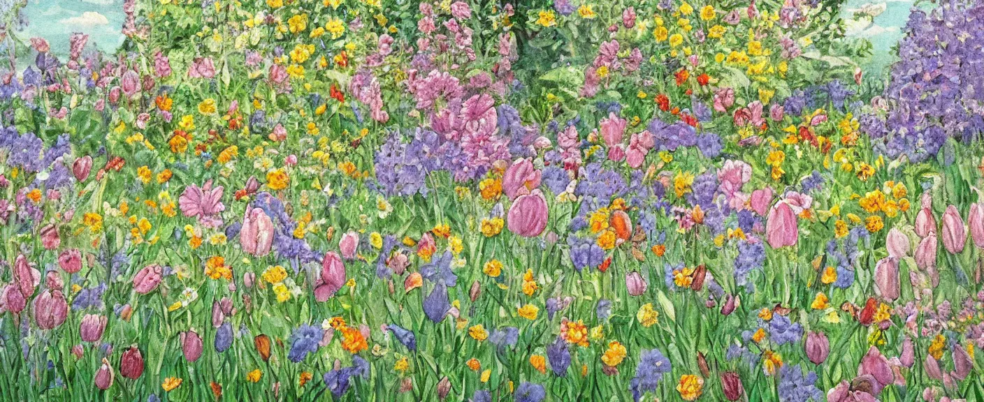 Prompt: painting by christiane kubrick of a whimsical spring garden filled with sunlight ultra detailed