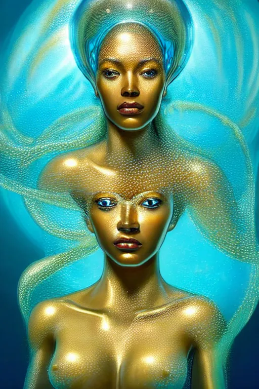 Prompt: hyperrealistic futurist whole body cinematic very expressive! translucent oshun goddess underwater scene, gold jewerly, highly detailed face, digital art masterpiece, smooth eric zener cam de leon, dramatic pearlescent turquoise light on one side, low angle uhd 8 k, shallow depth of field