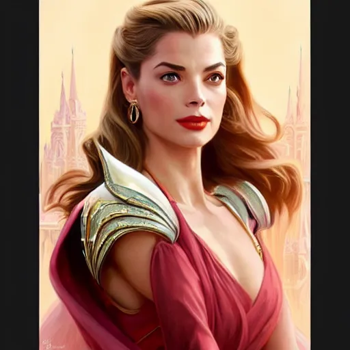 Image similar to A combination of Grace Kelly's and Kristin Kreuk's and Ashley Greene's faces as She-Ra, western, D&D, fantasy, intricate, elegant, highly detailed, digital painting, artstation, concept art, matte, sharp focus, illustration, art by Artgerm and Greg Rutkowski and Alphonse Mucha