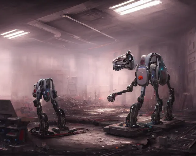 Image similar to spot boston dynamics in gloomy ruined server room in datacenter painting concept art of robodog colossus, sharp focus, emitting diodes, smoke, artillery, pacing, computers, racks, motherboard, by pascal blanche rutkowski artstation detailed matte painting, 4 k resolution