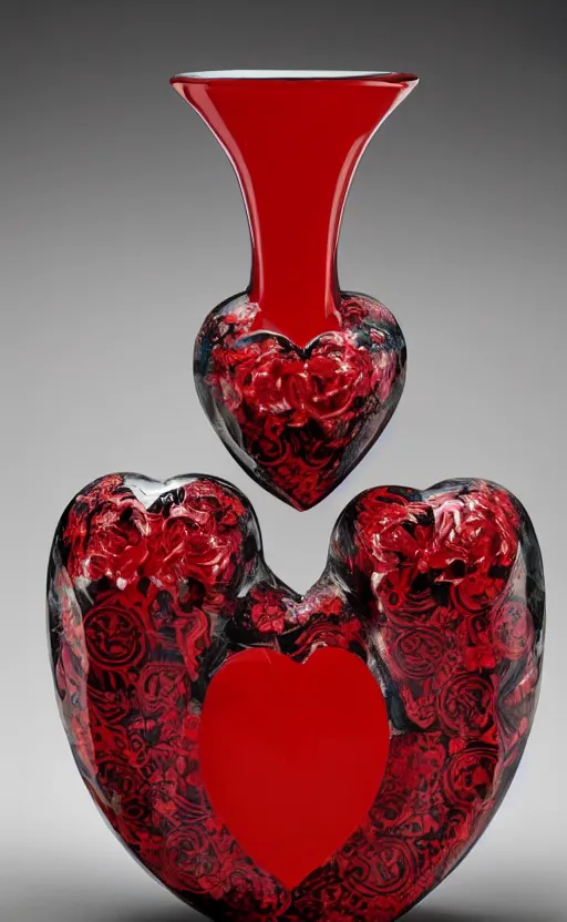 Prompt: a vase in the shape of a heart with red accents designed by versace, with some flowers