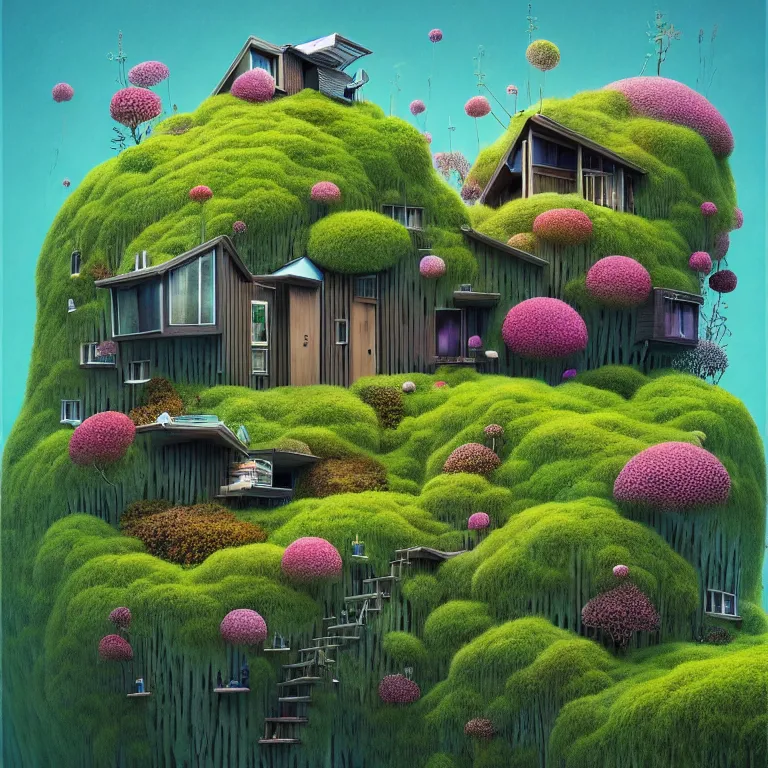 Image similar to tiny house by kengo kuma on island sea cloud surreal art by gediminas pranckevicius geof darrow jason naylor, very coherent, sharp, colorful high contrast, dark shadows, hard lighting, floralpunk flower green plants garden, inking etching screen print, hd, 8 k hyper detailed, octane render