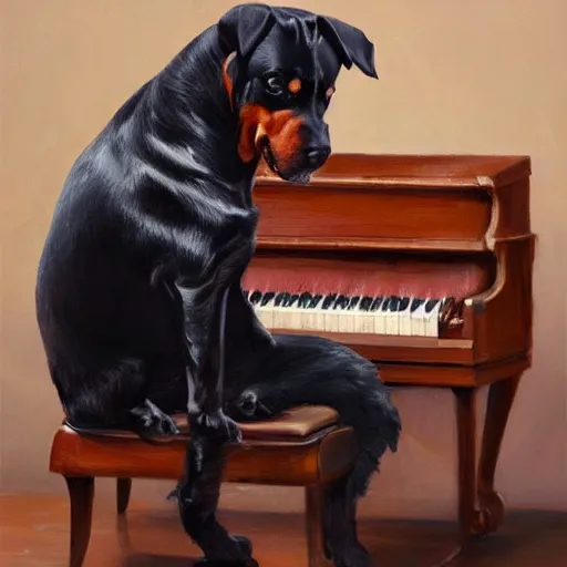 Image similar to rottweiler playing the piano, oil painting, artgerm, portrait, highly detailed, artstation
