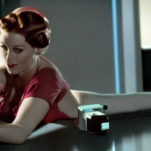 Image similar to a still of a beautiful pin up playing with a NES controller, in the movie Minority Report (2002), highly detailed and intricate, cinematic lighting, 4k HDR