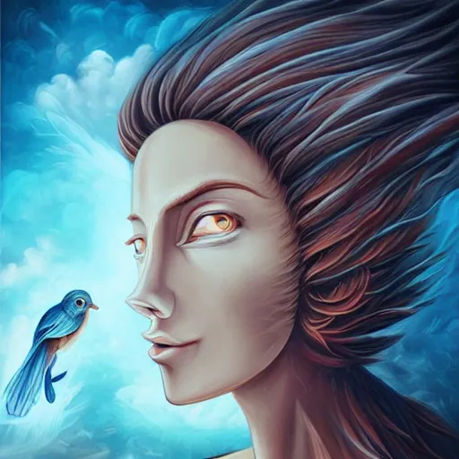 Image similar to by cyril rolando sigma 8 5 mm f / 1. 4, ghostly fresco. a beautiful painting of a human face with a bird's beak protruding from the forehead.