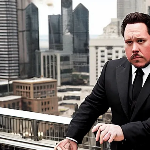 Prompt: Clean-shaven Jon Favreau as Happy Hogan wearing a black suit and black necktie and black dress shoes is climbing up a tall building in an urban city.