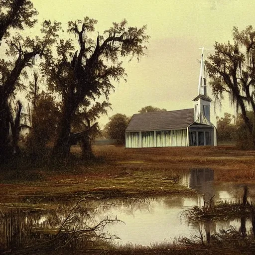 Prompt: 1 9 e century southern gothic scene, old white wooden church in bayou swamps, in louisiana, old painting style claude gellee