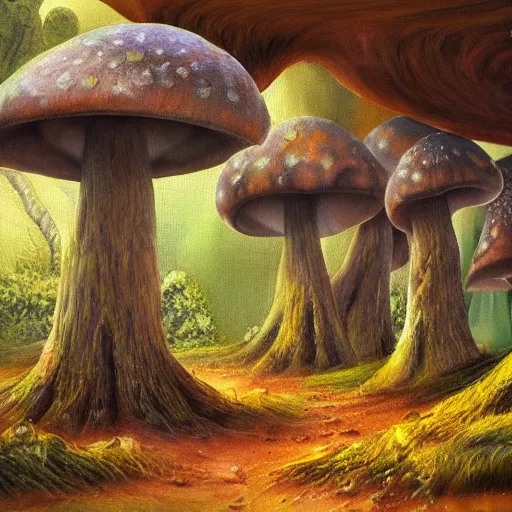 Prompt: a landscape painting with growing mushroom underground, fairy-mushroom ot toabstool different forms and bodies, national geographic photos, trending on artstation