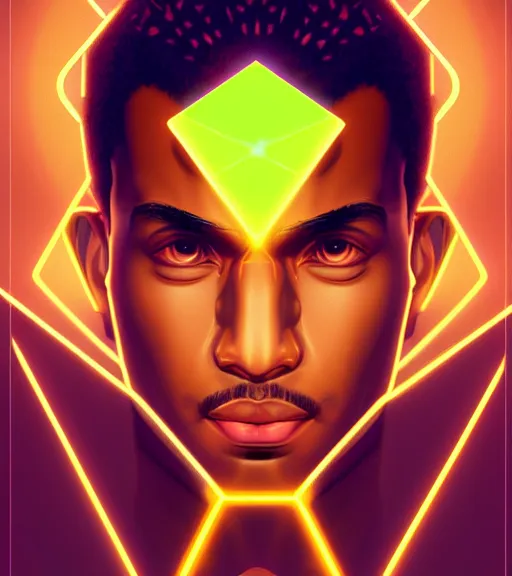 Image similar to symmetry!! egyptian prince of technology, solid cube of light, hard edges, product render retro - futuristic poster scifi, lasers and neon circuits, brown skin man egyptian prince, intricate, elegant, highly detailed, digital painting, artstation, concept art, smooth, sharp focus, illustration, dreamlike, art by artgerm