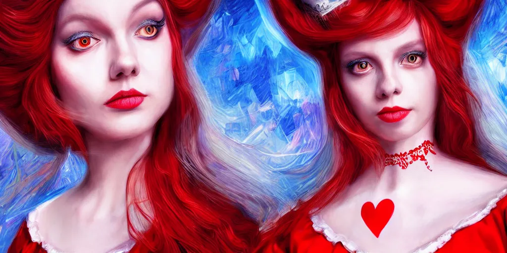 Prompt: The Red Queen, alice in wonderland, Cards, colorful, wide angle, super highly detailed, professional digital painting, artstation, concept art, smooth, sharp focus, no blur, no dof, extreme illustration, Unreal Engine 5, Photorealism, HD quality, 8k resolution, cinema 4d, 3D, beautiful, cinematic, art by artgerm and greg rutkowski and alphonse mucha and loish and WLOP