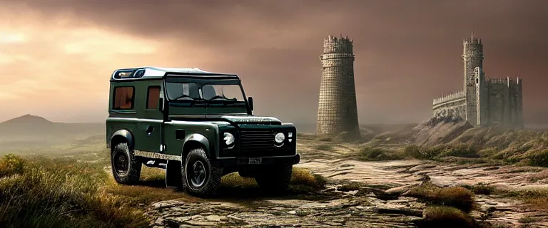 Image similar to Land Rover Defender 110 (1985), an epic fantasy, dramatic lighting, cinematic, establishing shot, extremely high detail, photorealistic, cinematic lighting, artstation, by simon stalenhag, The Elder Scrolls IV: Oblivion, Green Cyrodiil plains, Imperial City with the Adamantine Tower in the middle in the distance, Adamantine Tower in the distance, at day