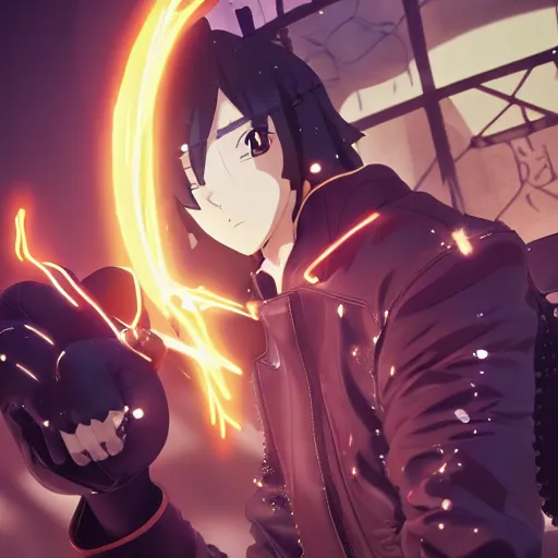 Image similar to an epic anime of a energy man, leather jacket, leather gloves, ghibli, unreal 5, octane render, rpg portrait, dynamic lighting, epic, epic anime, 2 d