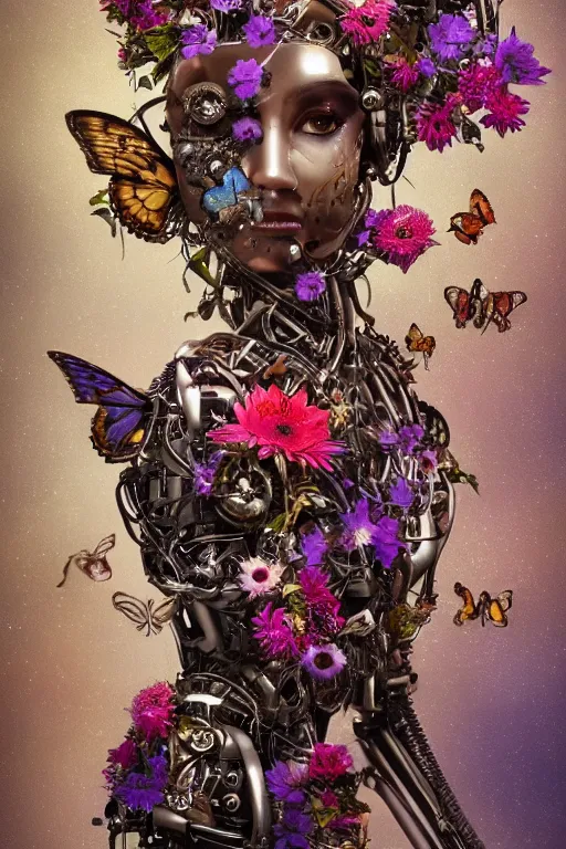 Prompt: a beautiful intricate fine art portrait photo of a a mechanical industrial steampunk cybernetic humanoid overgrown with colorful flowers, leaves and butterflies by natalie shau and zach sutton, perfection!, eyes with catchlight, golden ratio composition, studio lighting, 50mm lens, very detailed, bionic, cybernetic scifi, deep depth of field, artstation, 8K, highly coherent