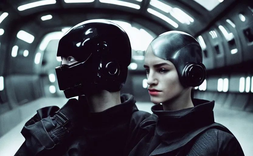 Image similar to cinestill 5 0 d candid photographic portrait by helen levitt of a feminine male android wearing black techwear on a brutalist dystopian spaceship, extreme closeup, modern cyberpunk moody emotional cinematic, solar storm, 8 k, hd, high resolution, 3 5 mm, f / 3 2, ultra realistic faces, ex machina