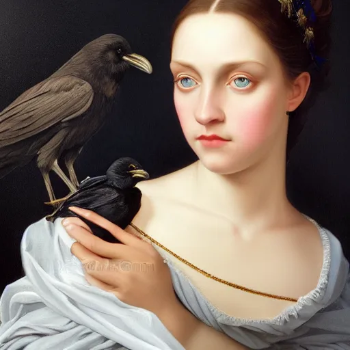 Image similar to full body portrait of a girl with blue eyes, gentle face, long dark hair, intricate detailed goth dress, among ravens, highly detailed, deep focus, elegant, digital painting, smooth, sharp focus, golden ratio, illustration, ultra realistic, 8 k, art by artgerm, artemisia lomi gentileschi and caravaggio