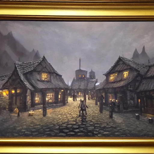 Image similar to the town of whiterun, oil painting