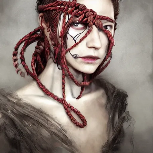 Image similar to portrait of a Shibari rope wrapped face and neck, headshot, insanely nice professional hair style, dramatic hair color, digital painting, of a old 15th century, old cyborg merchant, amber jewels, baroque, ornate clothing, scifi, realistic, hyperdetailed, chiaroscuro, concept art, art by Franz Hals and Jon Foster and Ayami Kojima and Amano and Karol Bak,