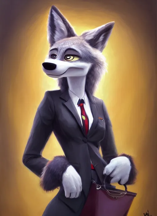 Image similar to oil painting of anthromorphic female wolf, in style of zootopia, female fursona, furry, furaffinity, 4 k, deviantart, furry art, fursona art, wearing black business suit, business suit, wolf fursona, female, very expressive detailed feminine face,