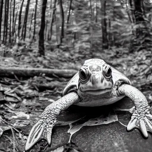 Image similar to fish eye footage of a skinwalker turtle with human face in the forest, black and white
