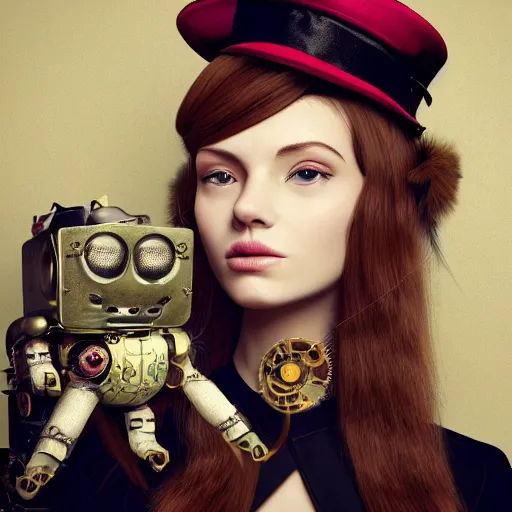 Image similar to a portrait of a beautiful steampunk woman and her cute robot cat, long hair, aged 2 5, slovenian, wearing a travel hat, photo realistic, real life, octane render, trending on artstation by mario testino