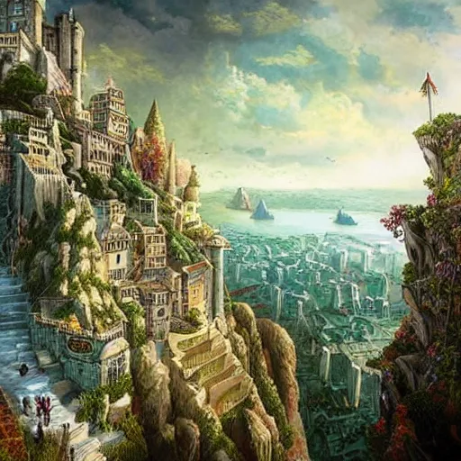 Image similar to steep cliffside medeival fantasy city, painting, intricate and detailed, hight quality