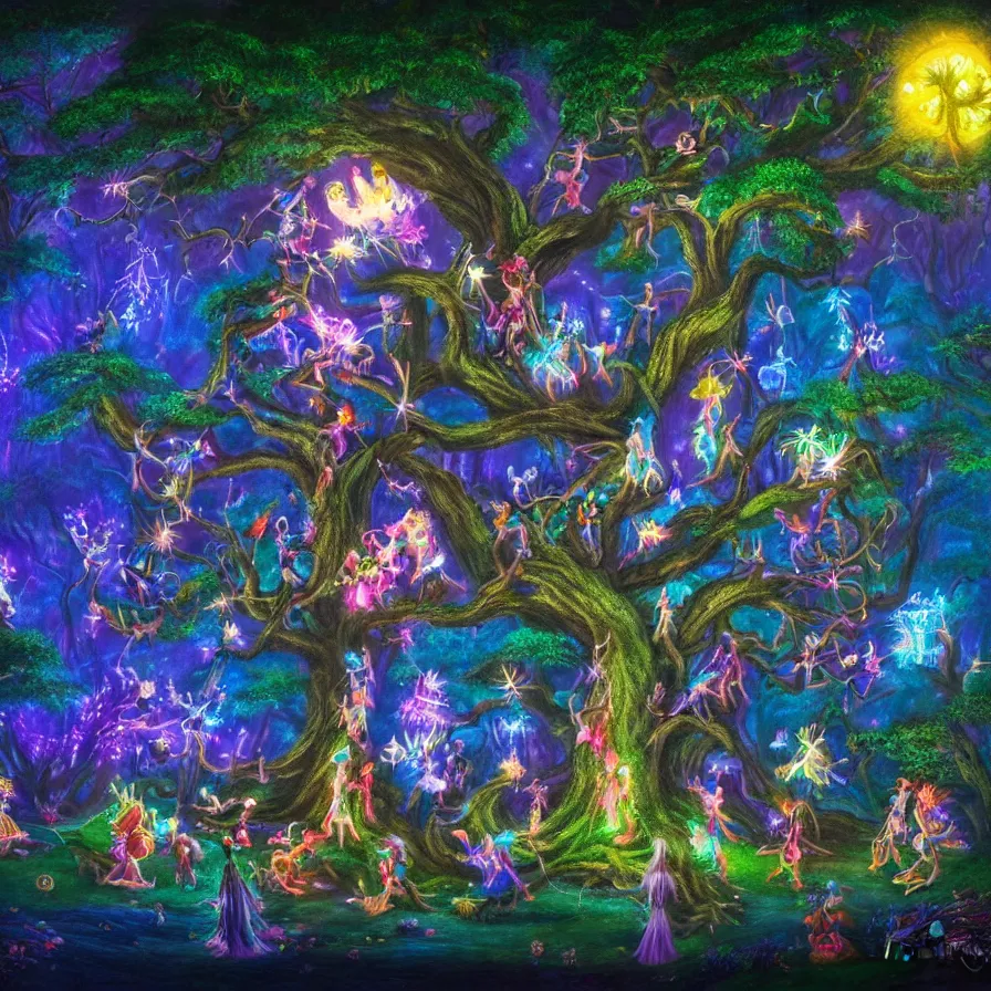 Image similar to a night carnival fairies around a magical tree next to a lake with iridiscent water, christmas lights, volumetric lightning, creatures and fantastic people disguised as fantastic creatures in a magical forest by summer night, masterpieceunderwater scene, masterpiece painted by kelton nelson, scene by night