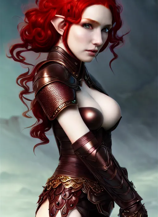 Image similar to leather armor beautiful and elegant curly red hair female elf gorgeous ayes character concept art, sharp focus, octane render! unreal engine 5! highly rendered!! trending on artstation!! detailed linework!! illustration by artgerm, wlop, and chie yoshii