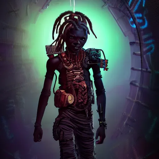 Image similar to a dark and ominous cyborg african child soldier with glowing eyes and steel dreadlocks, neon graffiti, Apex Legends character digital illustration portrait design, by android jones and greg rutkowski in a cyberpunk voodoo style, retrowave color scheme, detailed, cinematic lighting, wide angle action dynamic portrait