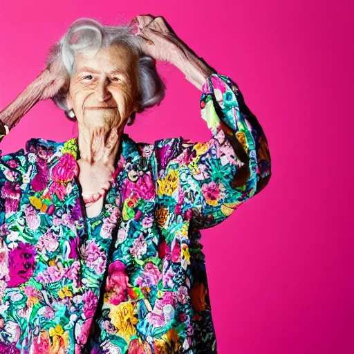 Prompt: an elderly woman dressed in extremely colorful clothes with floral patterns posing for a high fashion photoshoot