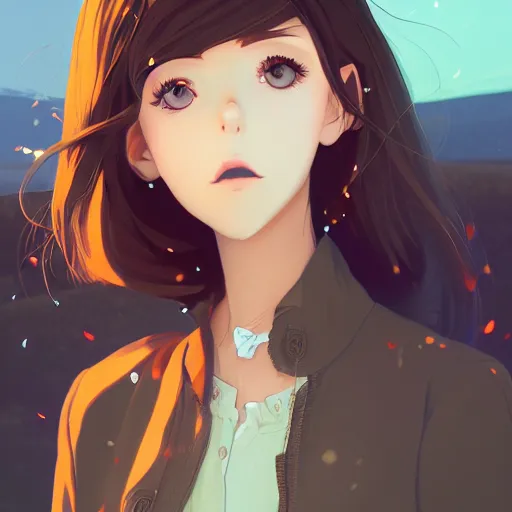 Image similar to portrait of a beautiful girl with dark hair wearing cottagecore style fashion, farm field background, rich vivid colors, ambient lighting, dynamic lighting, 4k, HQ, official media, anime key visual, makoto shinkai, ilya kuvshinov, lois van baarle, rossdraws, detailed, trending on artstation