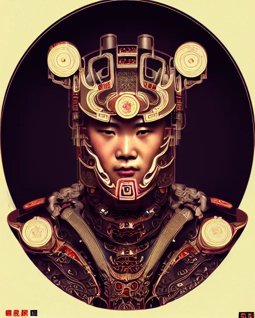 Prompt: portrait of a chinese masculine male cyberpunk machine, machine face, upper half portrait, decorated with chinese opera motifs, muscular arms, asian, fine china, wuxia, traditional chinese art, intricate, elegant, highly detailed symmetry headpiece digital painting artstation concept art smooth sharp focus illustration, art by artgerm and greg rutkowski alphonse mucha 8 k