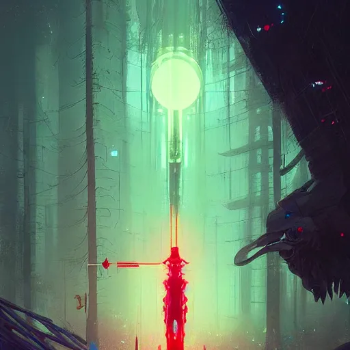 Prompt: neon techno-magic Robot with spear pierces an ancient beast, hyperrealism, no blur, 4k resolution, ultra detailed, style of Anton Fadeev, Ismail Inceoglu, Ivan Shishkin, Greg Rutkowski, Zac Retz, Kawase Hasui, Carlos Schwabe