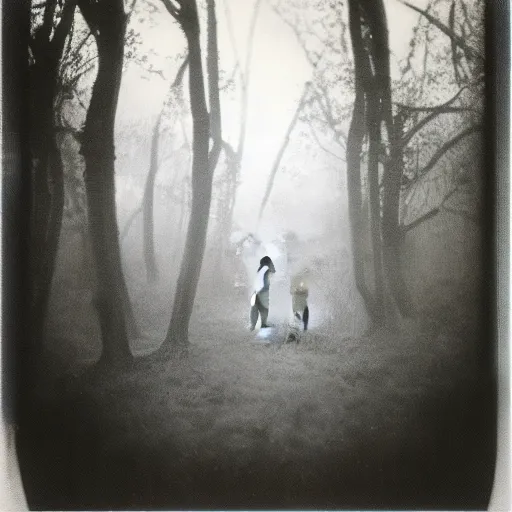 Image similar to an ancient evil-girl on a mysterious fractal forest, mist, 1910 polaroid photography, grainy film, Black and white