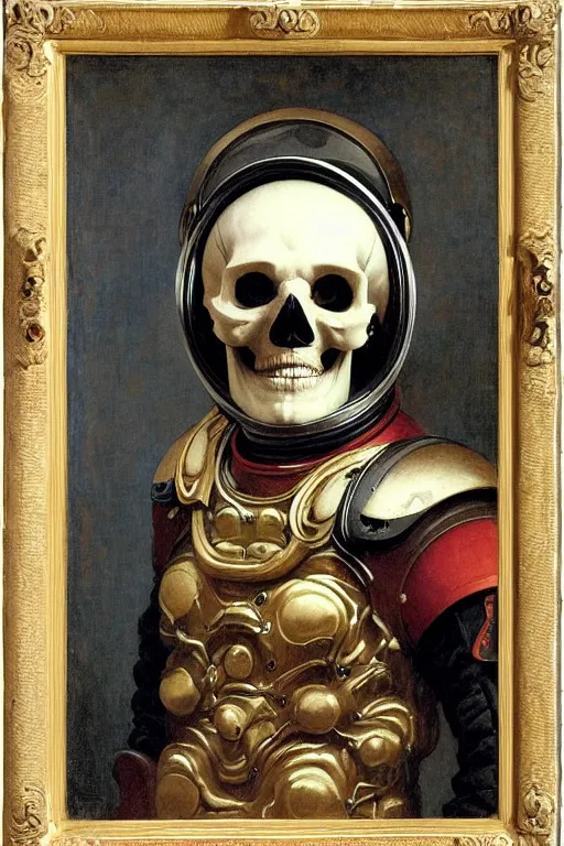 Image similar to portrait of a skull man astronaut with chinese dragon armor and helmet, majestic, solemn, by bouguereau