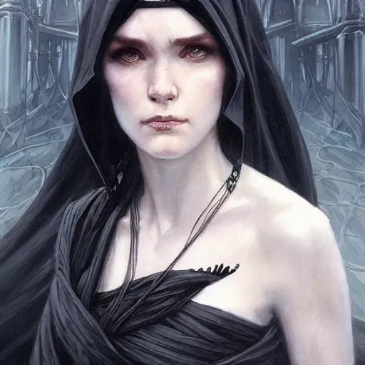 Image similar to dramatic pale rogue in black robes on a ship deck, fantasy, D&D, portrait, piercing stare, highly detailed, digital painting, artstation, concept art, matte, sharp focus, illustration, art by artgerm and greg rutkowski and alphonse mucha