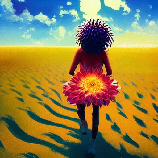 Image similar to closeup giant dahlia flower head, girl walking between dunes, surreal photography, sunrise, blue sky, dramatic light, impressionist painting, digital painting, artstation, simon stalenhag