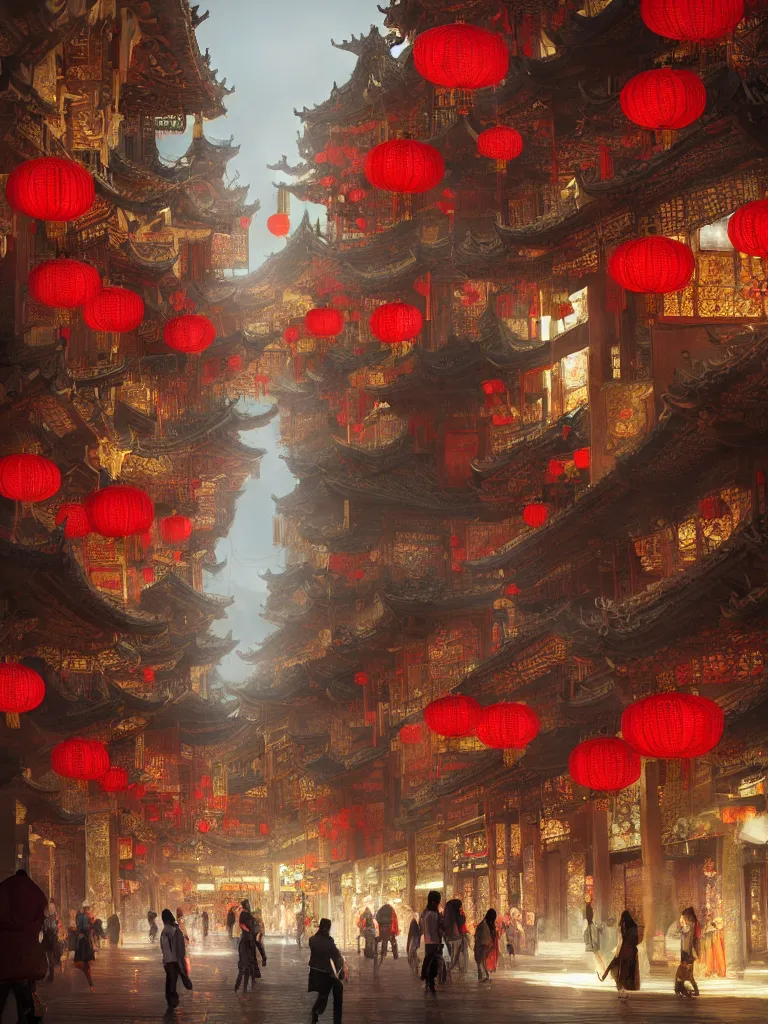 Prompt: epic scenery of a shopping street in the Chinese imperial city, intricate, elegant, volumetric lighting, digital painting, highly detailed, artstation, sharp focus, illustration, concept art, ruan jia, steve mccurry